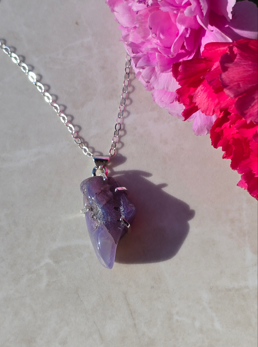 Sterling silver prong-set raw Holly Blue agate pendant on 18 inch chain