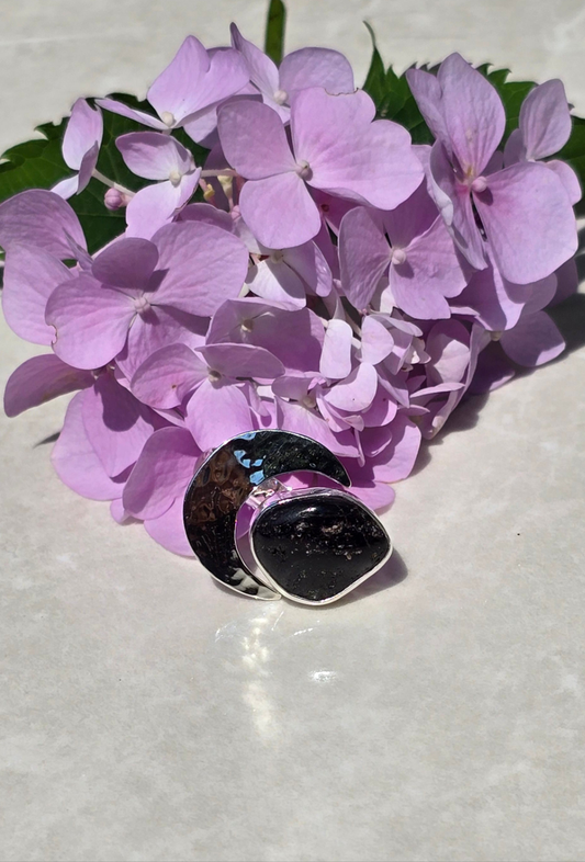 Sterling silver open band ring with crescent moon detail and bezel-set tumbled Copper Night stone, size 8