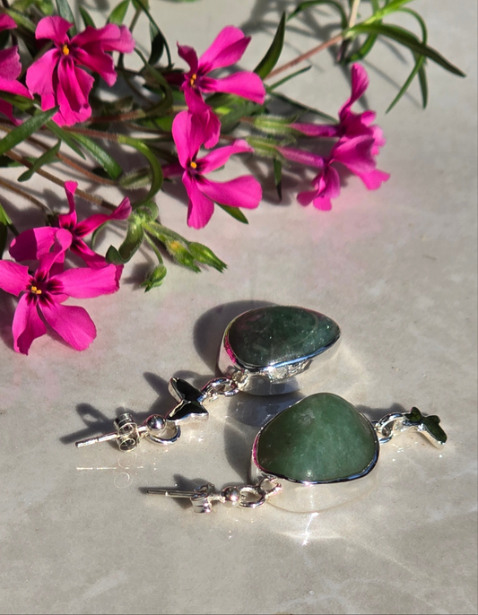 Sterling silver drop earrings with bezel-set green aventurine stones and butterfly charms