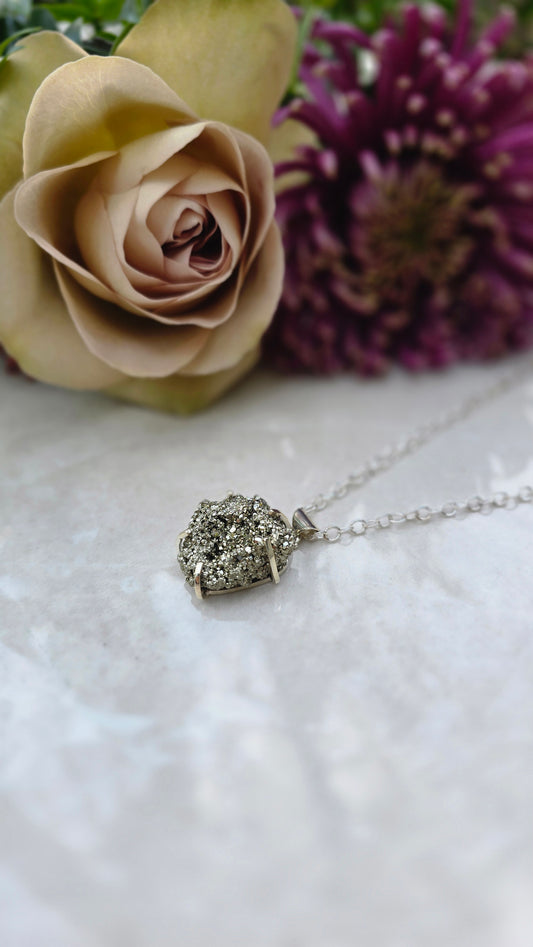 Sterling silver prong-set raw pyrite pendant on 22 inch chain
