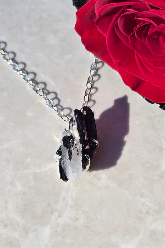 Sterling silver prong-set raw black tourmaline with white quartz on 24 inch large chain link chain