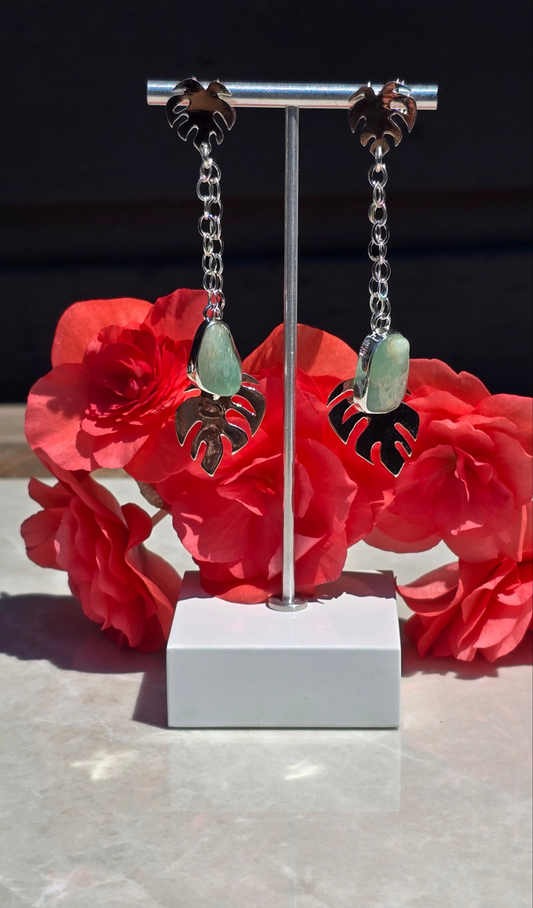 Sterling silver monstera cutout stud earrings with two dangling chains: bezel-set prehnite and larger monstera cutout