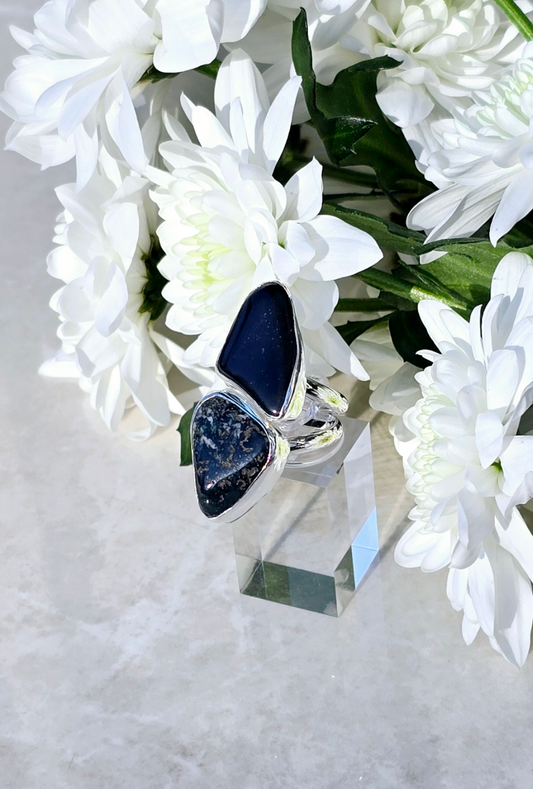 Sterling silver split band ring with bezel-set black tourmaline and moss agate stones