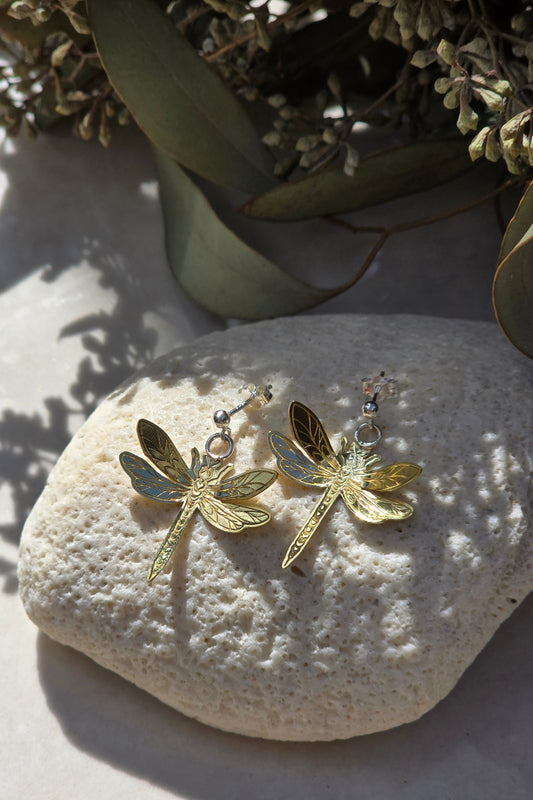Dragonfly drop earrings, delicate insect-inspired nature jewelry available in brass or sterling silver, handmade earrings