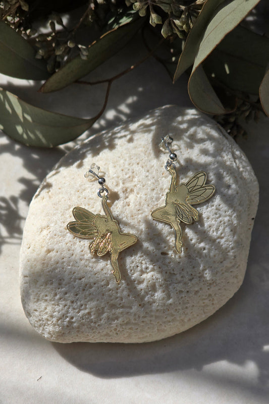 Fairy silhouette drop earrings, delicate fantasy-inspired jewelry available in brass or sterling silver, handmade earrings