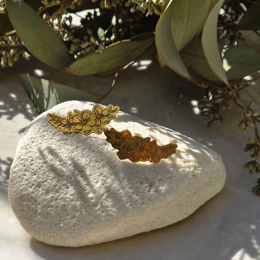 Hibiscus ear cuff stud earrings, floral climber style in brass or sterling silver, handmade botanical earrings