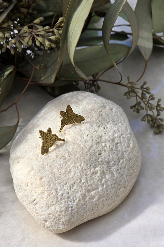 Hummingbird stud earrings, delicate bird design in brass or sterling silver, handmade nature-inspired jewelry