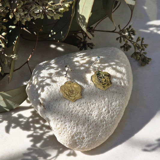 Peony drop earrings with floral design, handmade nature-inspired jewelry available in brass or sterling silver