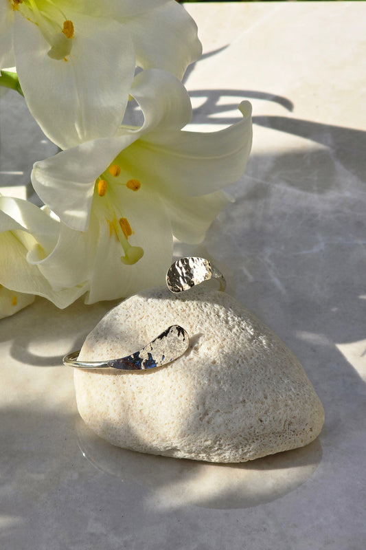 Sterling silver cuff bracelet with S-shaped design and hammered teardrop ends, yin-yang inspired open cuff, handmade jewelry